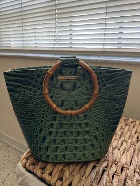 Brahmin Mod Bowie Myrtle Green Croc-Embossed Leather Bamboo Handle Bag